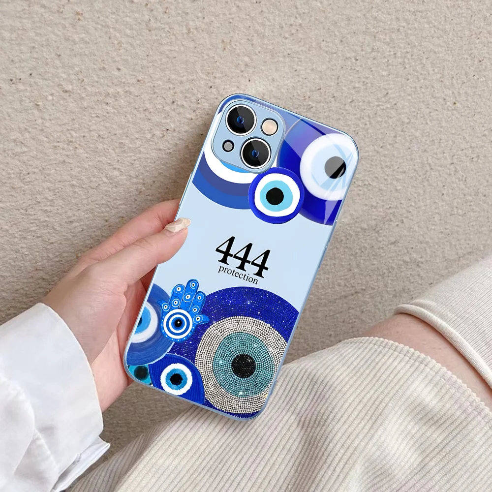 Funny Turkish Lucky Blue Evil Eye  Phone Case Tempered Glass For iphone 14 13 12 11 Pro Mini XS MAX 14Plus X XS XR Cover