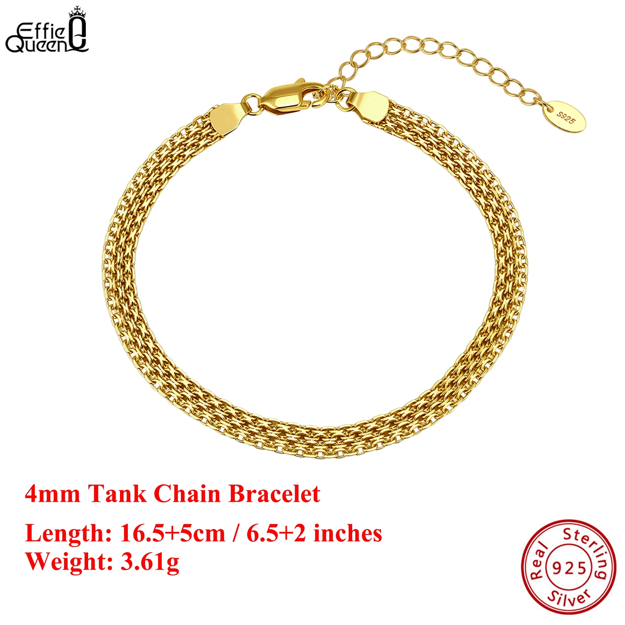 

EFFIE QUEEN 100% 925 Sterling Silver 14k Gold 4mm Tank Chain Bracelet Fashionable Jewelry for Women, Men's Bracelet Gift GAB05