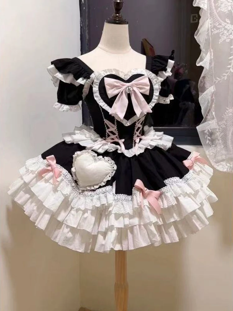 

Japanese Bow Lolita Women Dress Kawaii Sweet Short Sleeved Female Cake Skirt Bandage Print Soft Girl Style Chic Mini Dress New