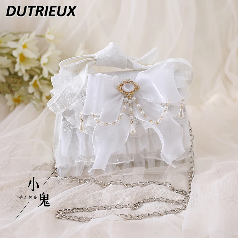 Fairy Lolita Gentle Elegant Handbags Sweet Cute Girls Bags Versatile Original White Lace Bow Pearl Chain Messenger Bag