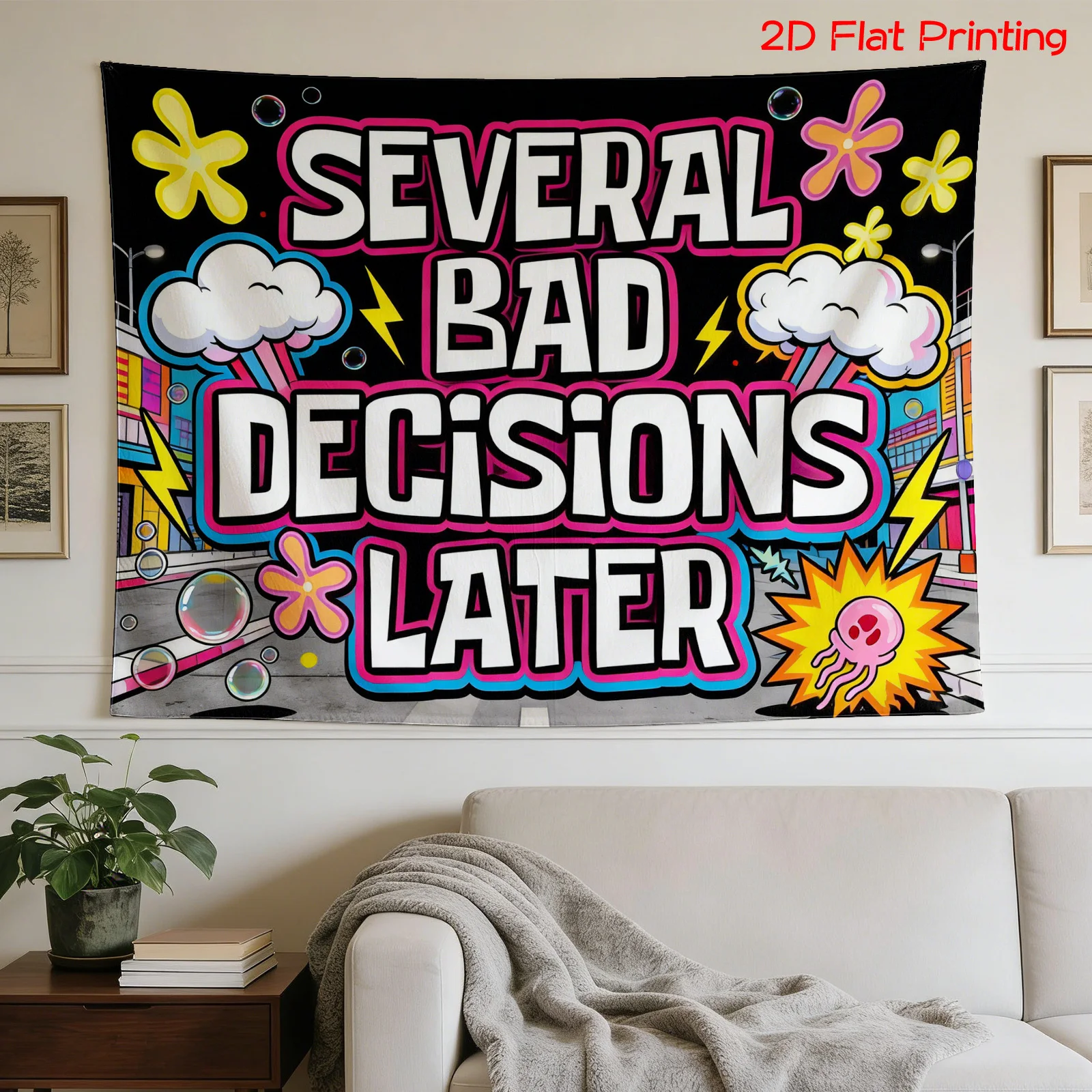 VIKAMA Funny Quote Tapestry, Several Bad Decisions Graffiti Wall Hanging, Neon Room Decor for Dorm Bedroom Party