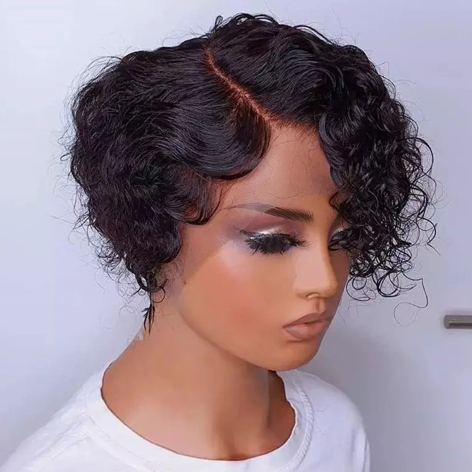 Kurze Bob Perücke Pixie Cut Perücke lockige Echthaar Perücken für Frauen 13x1 Spitze Front Perücken peruanische Deep Wave Spitze Perücke vor gezupft