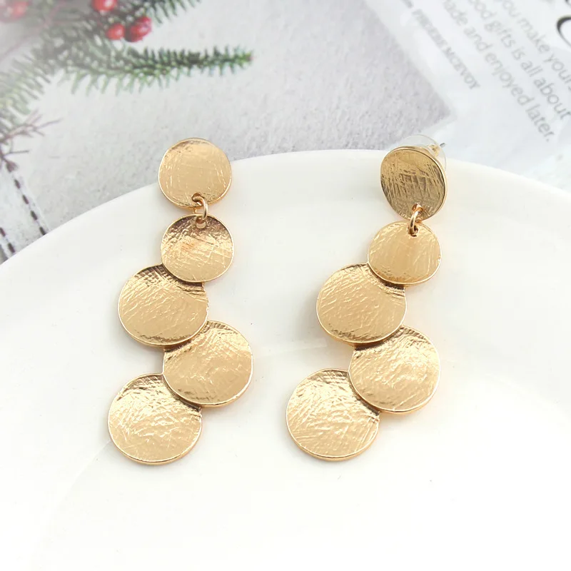 Retro Metal Long Statement Drop Earrings for Women Party Exaggerate Jewelry Brushed Metal Round Sequins Dangle Earrings Gift image 4