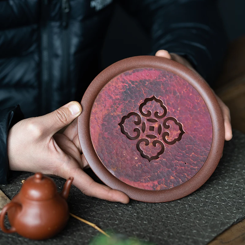 Yixing Purple Sand Handmade High-End Tea Table Hammer Pattern Copper Sheet Ruyi Kettle Pot Holder Small and Easy to Carry