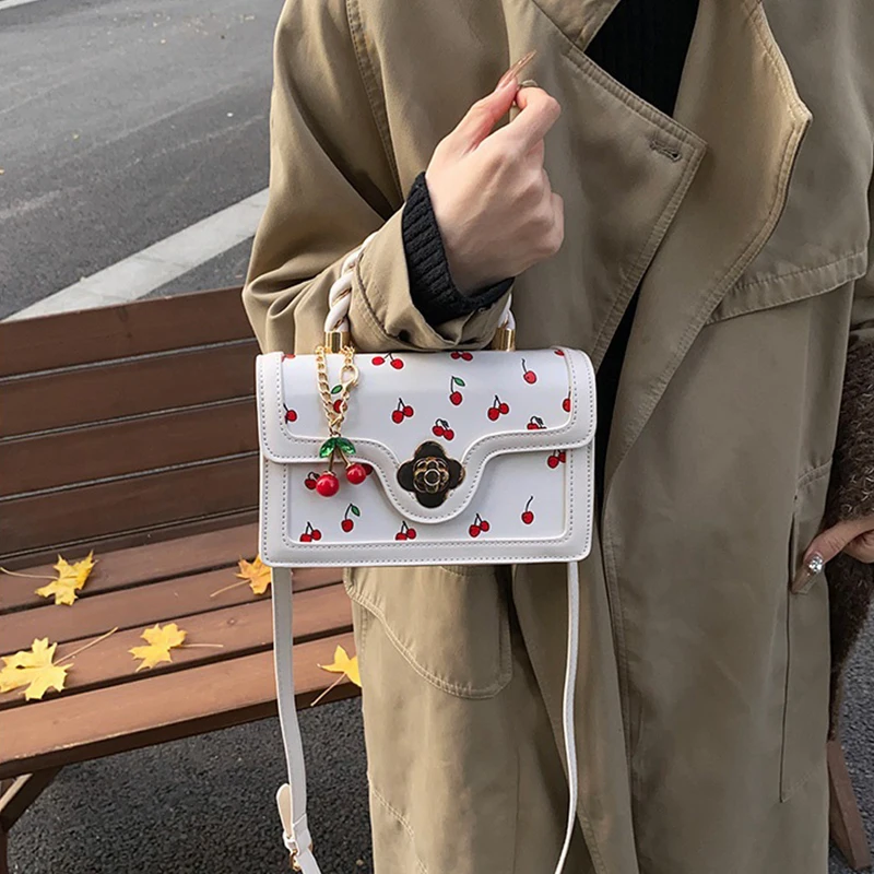 Sweet Crossbody Bag Fashion Cherry Print Top-Handle Ladies Luxury Square Shoulder Bag Women High Quality Sling Purse