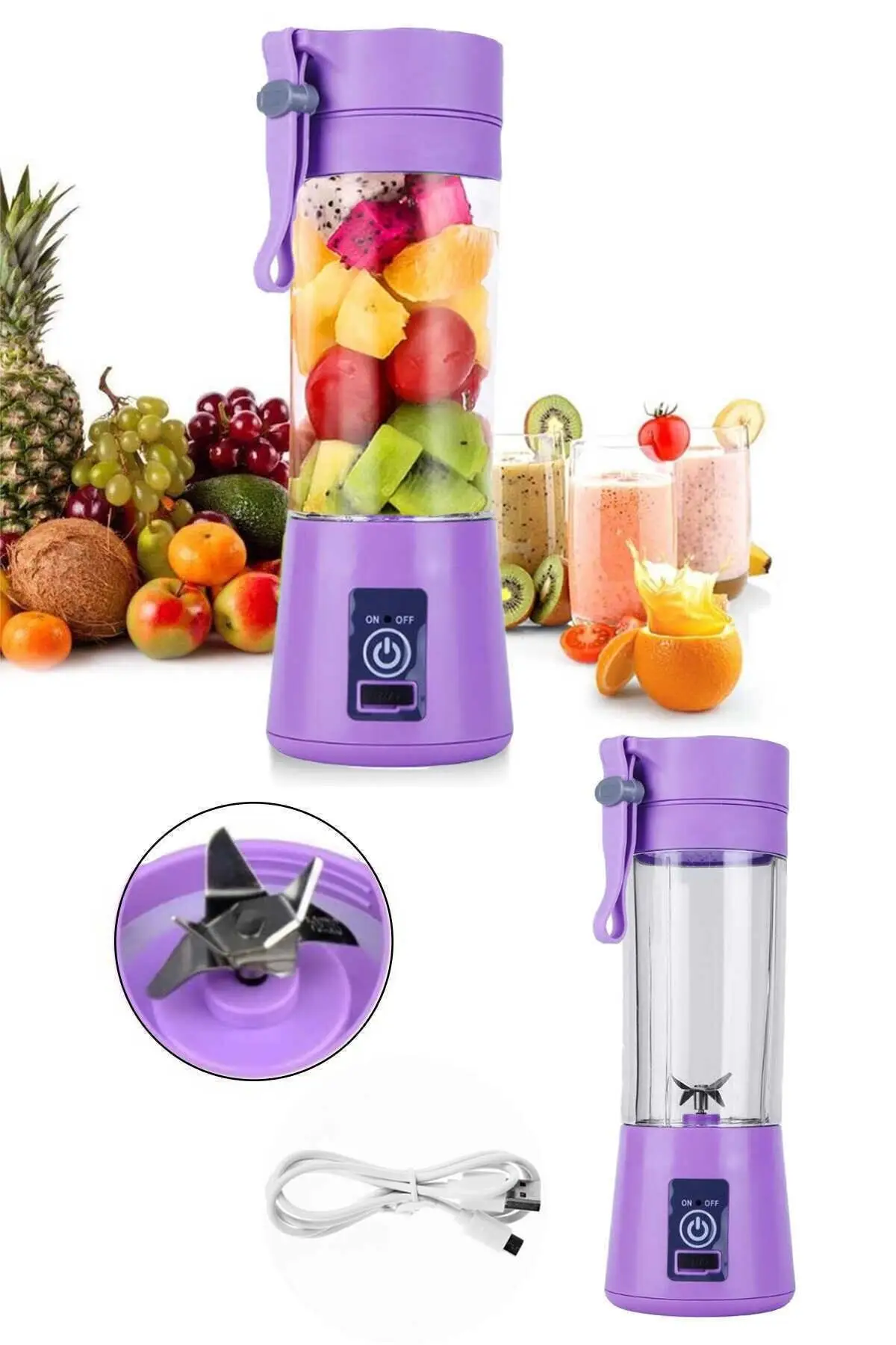 Fruit Juicer Sports Bottle USB Rechargeable Mixer Purple Rechargeable Portable Portable Mixer Hand Blender 380 ml-