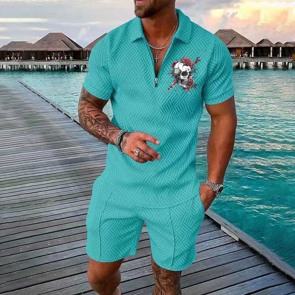 Summer 3D Skull Printed Men's Sets Fashion Zip Polo Short Sleeve Top +Shorts Outfit Summer Street Trend Oversized Men Clothing