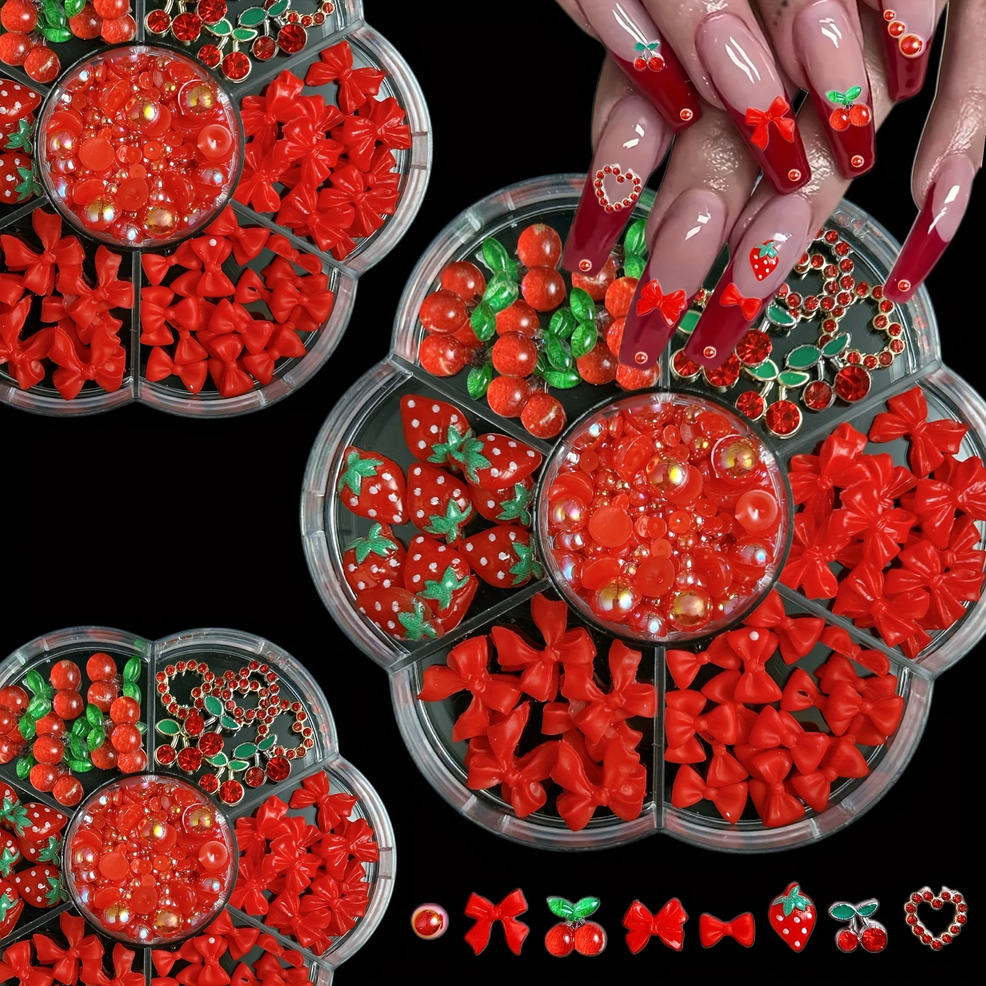 

7-сетчатая коробка для аксессуаров для дизайна ногтей с цветком сливы на день Святого Валентина, красной лентой, галстуком-бабочкой и вишней золотого сердца, набор «сделай сам»