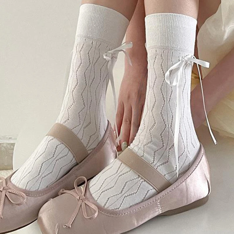 

Sweet Lace Socks Women Spring Summer Bow Ultra-thin Mid-tube Socks Japan Casual Solid Color Cotton Breathable Mesh Pile Socks