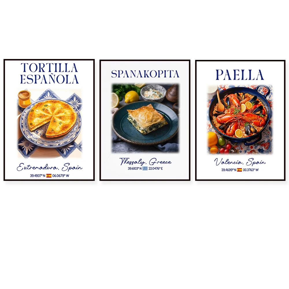 Paella española, tortilla, bebida, pastel de espinacas, tortilla de hoja de uva, azulejos blancos, carteles de comida griega, francesa y italiana