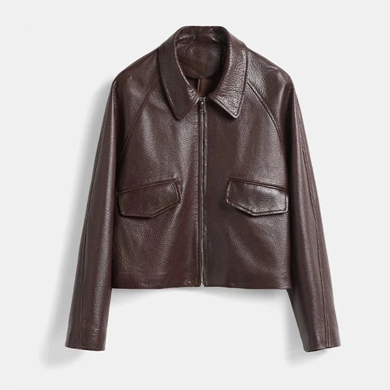 2025 Wiosenna damska czarna kurtka z prawdziwej skóry owczej