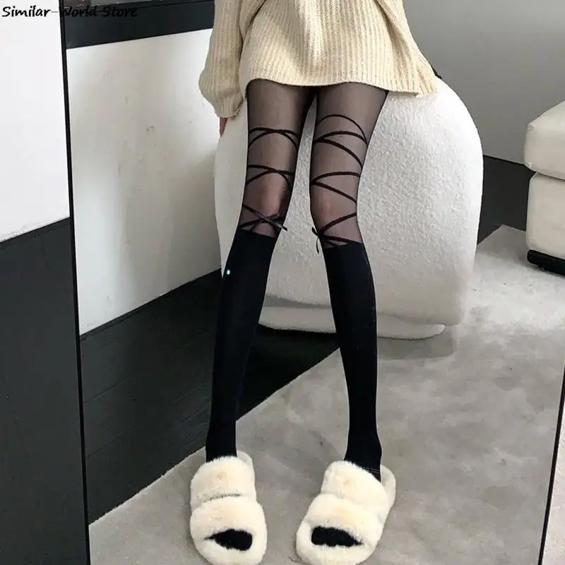 Japanese Type Fake Cross Bandage Print Fishnet Tights Womens Mesh Hollow Out Bowknot Pantyhose Black White Stockings Bas Resille