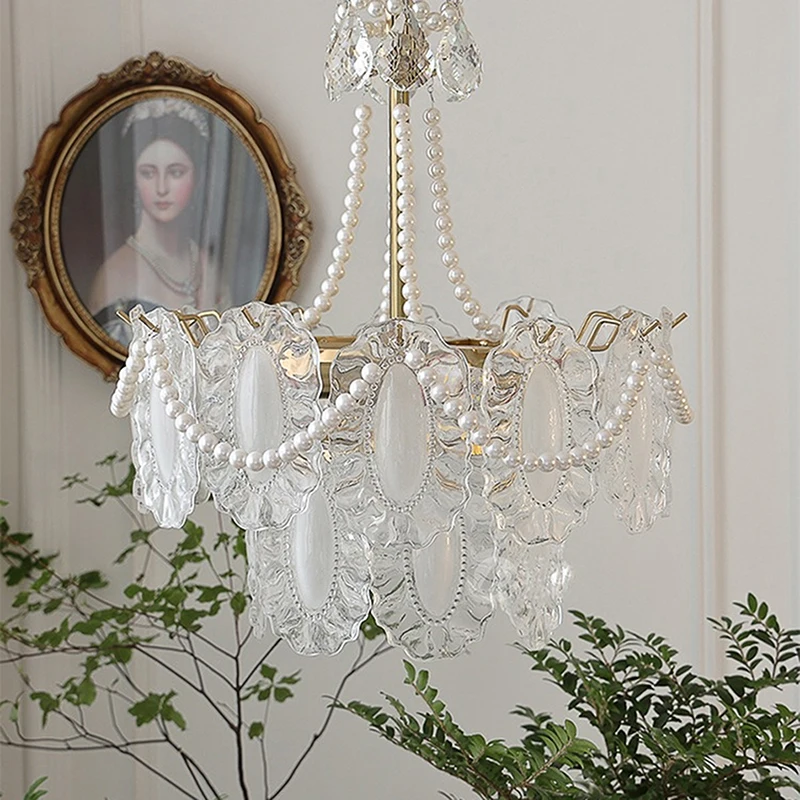 النمط الفرنسي الفاخرة الرجعية اللؤلؤ الزجاج قلادة مصباح النمط الأوروبي ضوء ديكور المنزل الفاخر غرفة المعيشة كريستال الثريا