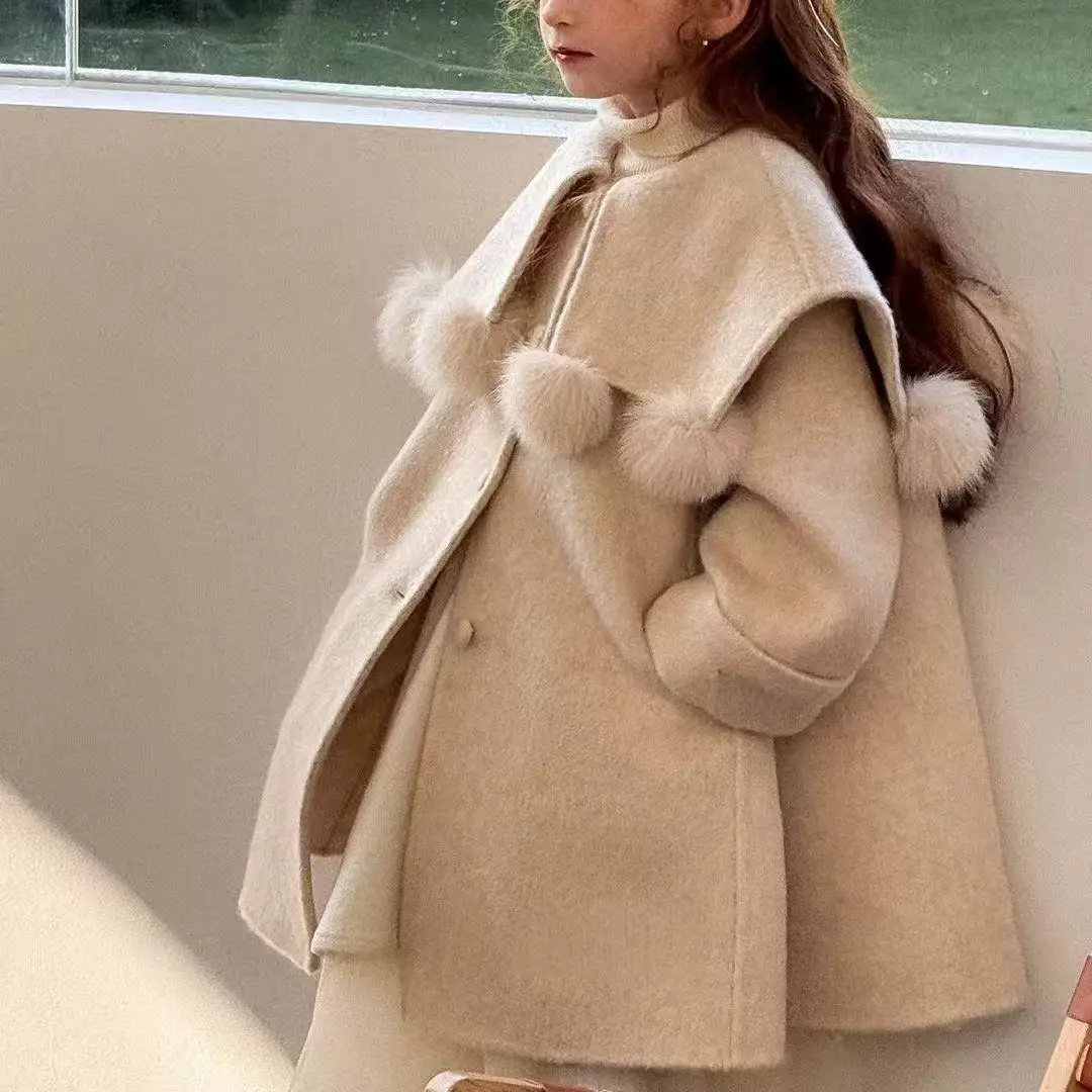 Girls' Woolen Coat Children's New Style Big Lapel Round Neck Single Breasted Autumn and Winter Thick Coat for Big Children