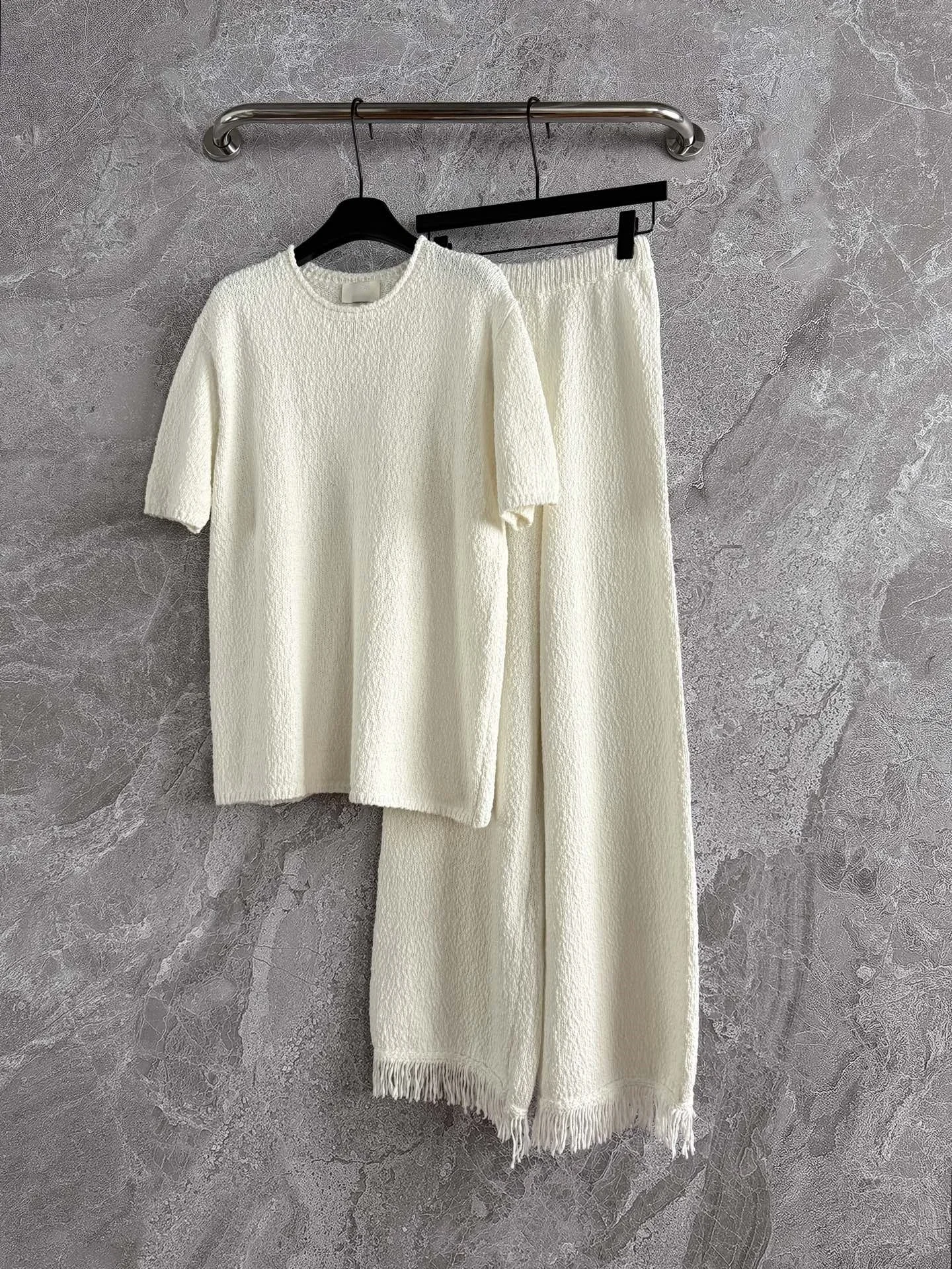 

100% Cotton Women White Knitted Set 2025 New O-Neck Short Sleeve Top + Tassel Spliced Elastic Waist Wide Leg Pants Casual Suits