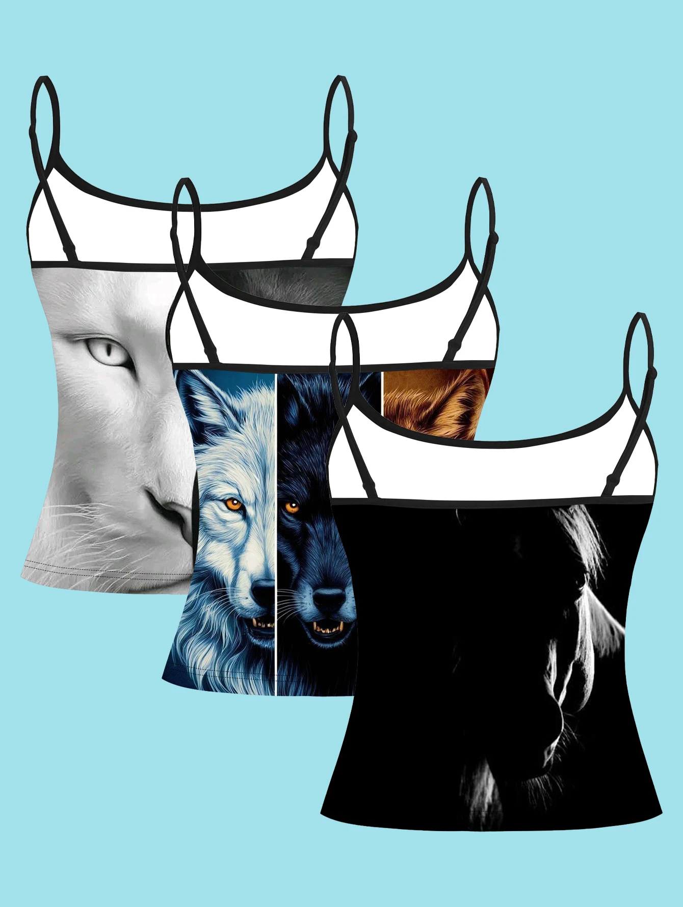 3-Pack of Bold Animal Portrait Print Camisoles for Women, Cool Wolf, Lion, and Horse Designs, Slim-Fit Sleeveless Tops for Hot Girls