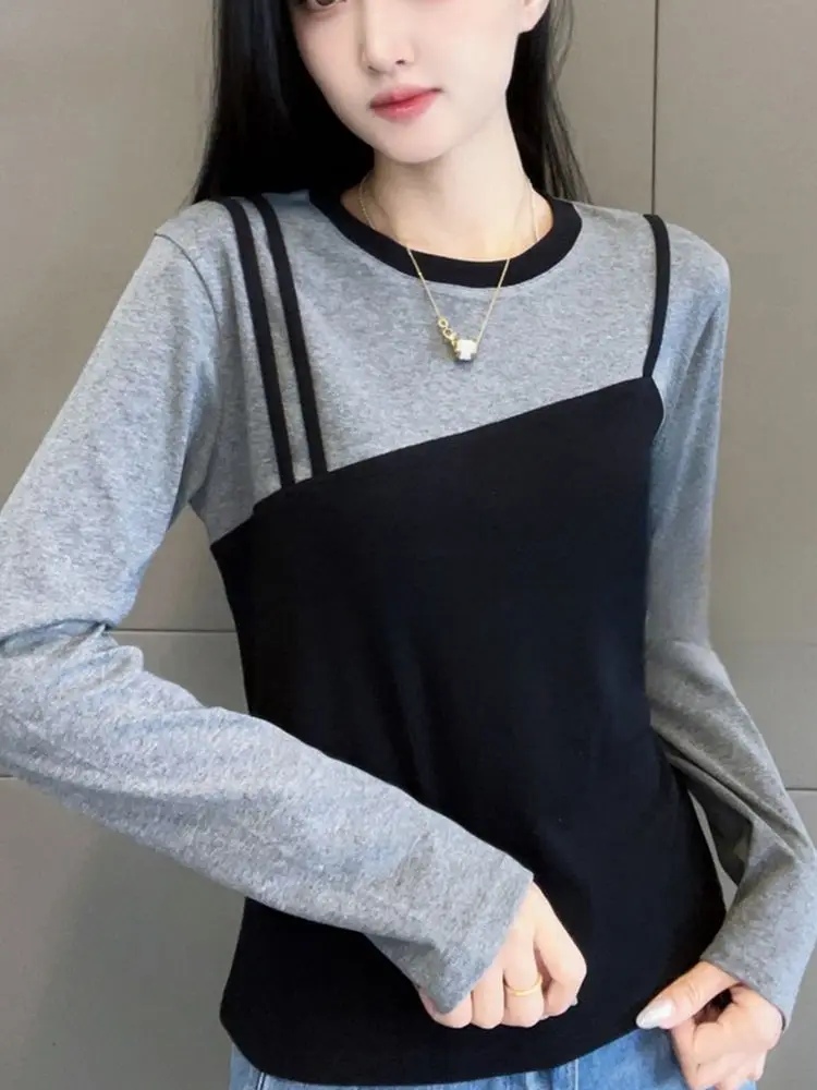 Nep tweedelig T-shirt met lange mouwen dames lente herfst slanke dunne zwart grijs ropa mujer shirt femme vintage kleding