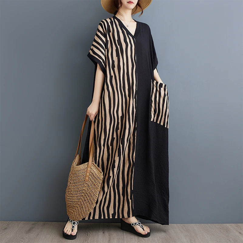 Summer New plus Size Long Cotton Linen Print Slim V Ne ort Sve Color Blo Bla Dr with ket Loose Fit Commute S...