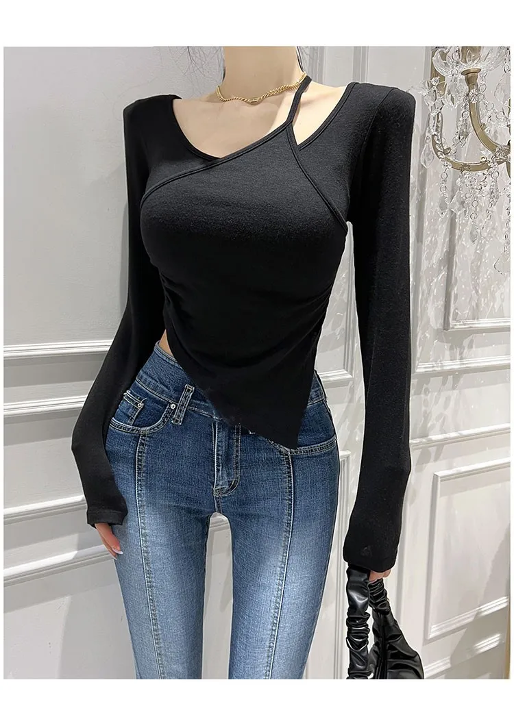 Sexy uitgehold ontwerp lang Sve T-shirt slim fit ort Sle asymmetrisch woon-werkverkeer Faion dames T-shirt lente seizoen dun model