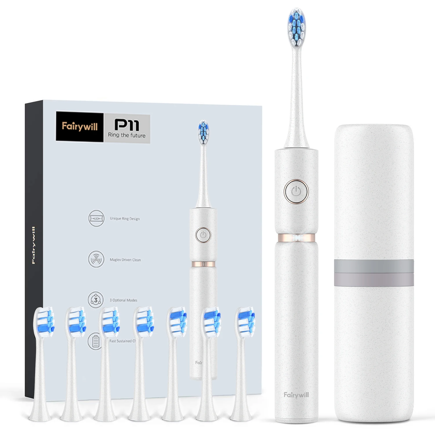 

Fairywill P11 Электрическая зубная щетка Sonic Whitening, перезаряжаемое USB-зарядное устройство, сверхмощная водонепроницаемая, 8 головок и 1 дорожный футляр