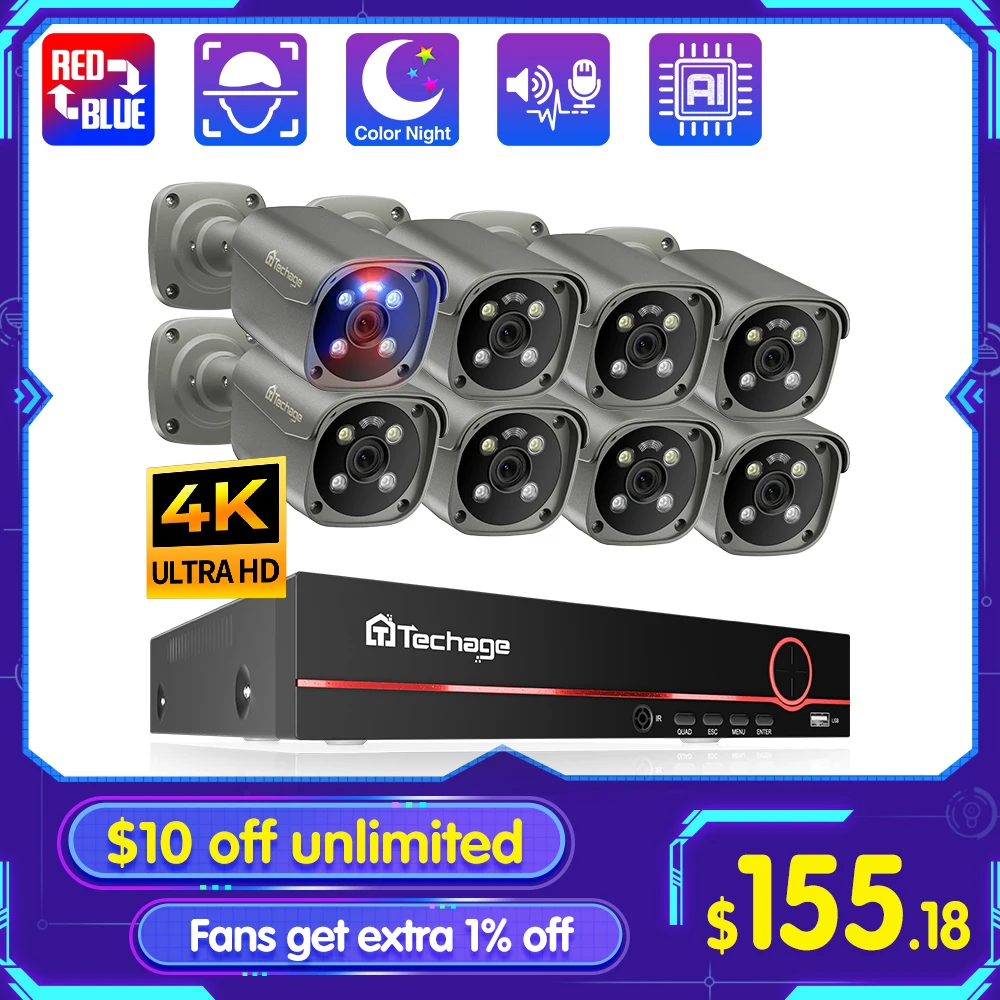 Techage-poeカメラシステム,aiフルカラー,暗視,顔検出,cctvビデオ,セキュリティ監視キット,h.265,8ch,5mp,8mp,4k