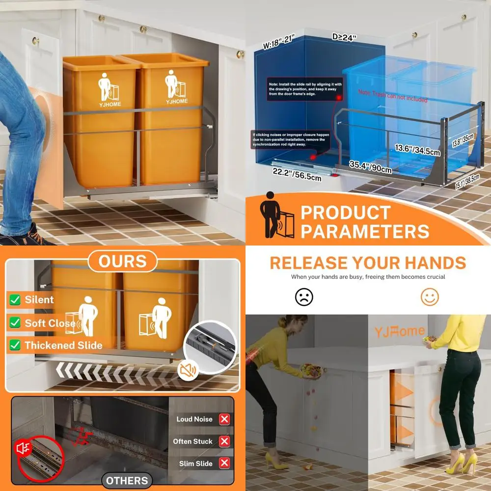 

Pull-Out Double Cabinet Trash Can with Push-to-Open Slides, Garbage Bin Not Included