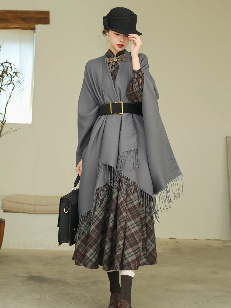 TIYIHAILEY женское зимне-осеннее клетчатое платье с длинными рукавами-фонариками, длинное женское платье до середины икры, S-XL, винтажное, с высокой талией, новинка 2023 г.