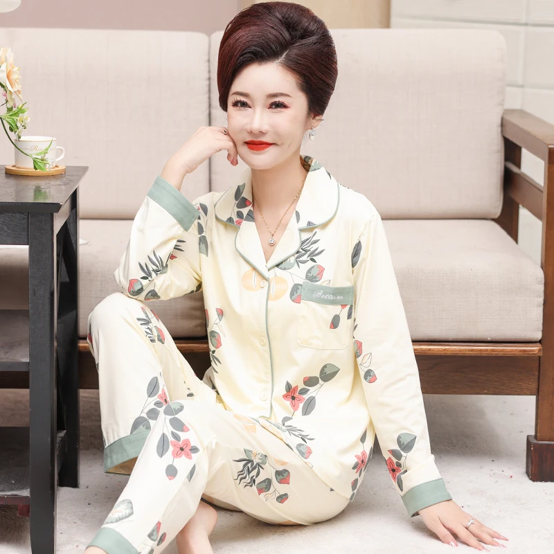 Long Sleeve Floral Pyjamas Women Knit Cotton Ladies Pajamas Two Pieces Set Indoorwear Homewear Leisure Home Cloth At All Seasons