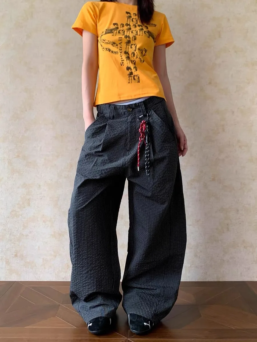 

American Retro Paratrooper Casual Pants Loose Fit Rope Hanging Design ex High Waist Long Straight Leg Trendy Trousers
