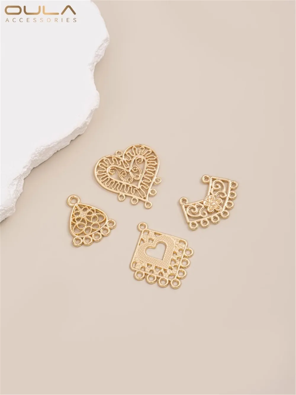 14K Gold-Color Plated Hollow Lace Geometric Heart Diamond-shaped Multi-loop Diy Tassel Earring Headpiece Accessories