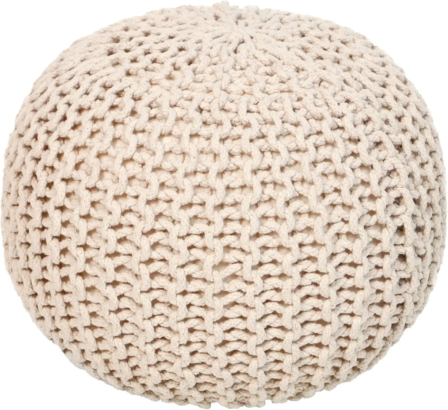 

Round Pouf Ottoman - Cable Knitted Boho Poof - Handmade Circular Footrest - 100% Cotton - 18" x 18" x 14" - Ivory