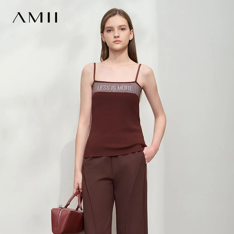 

Amii Minimalist Women's Knitted Sling Vest 2025 Summer New Versatile Casual Letter Jacquard Thin Inner Crop Top Women 12512016