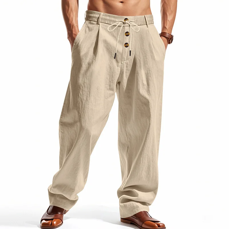 Herren Boho Leinenmischung Weite Hose mit Hoher Taille, Kordelzug, Knopfleiste, Lockerer Passform und Seitentaschen – Detail 30