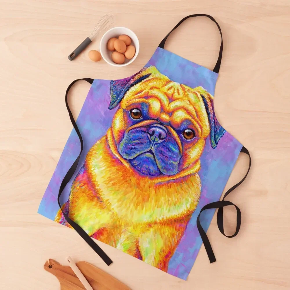 

Colorful Rainbow Pug Dog Apron Kitchen Handle For Women barber men Korean with pockets Apron