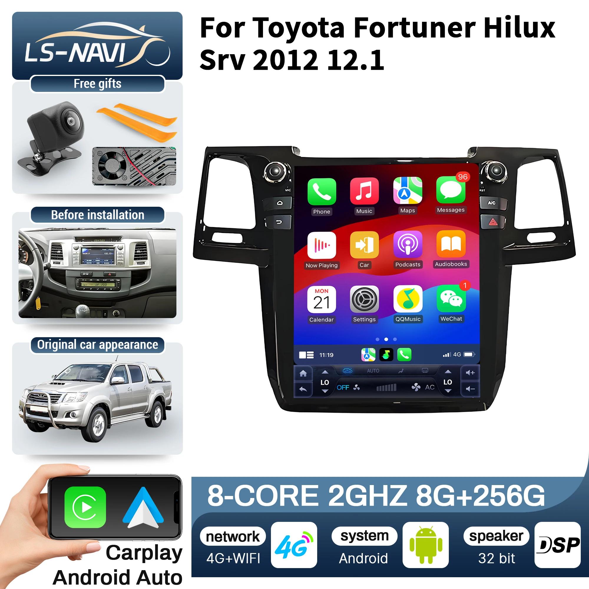 12.1 Inch Car Radio for Toyota Fortuner Hilux SRV 2012 Android 14 4G Touch Screen Stereo Wireless Bluetooth CarPlay Head Unit