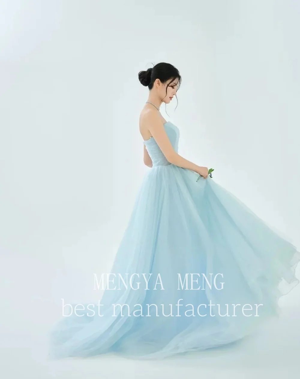 ZHUISHU Fresh Light Blue Tulle Strapless Evening Gown Princess Style 웨딩드레스 Korean Photo Shoot Bridal Gown Party Dress Customized