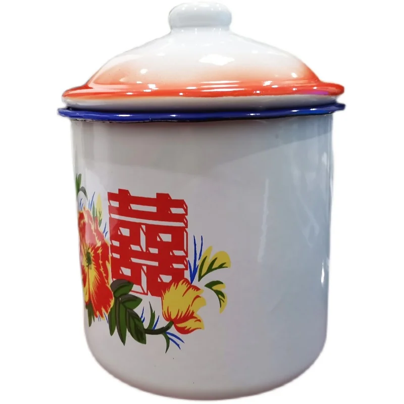 12cm Old-Fashioned Vintage Enamelled Cup Classic Retro Iron Tea Container Sub-Super Large Size Capacity Non-Ceramic Cup with Lid