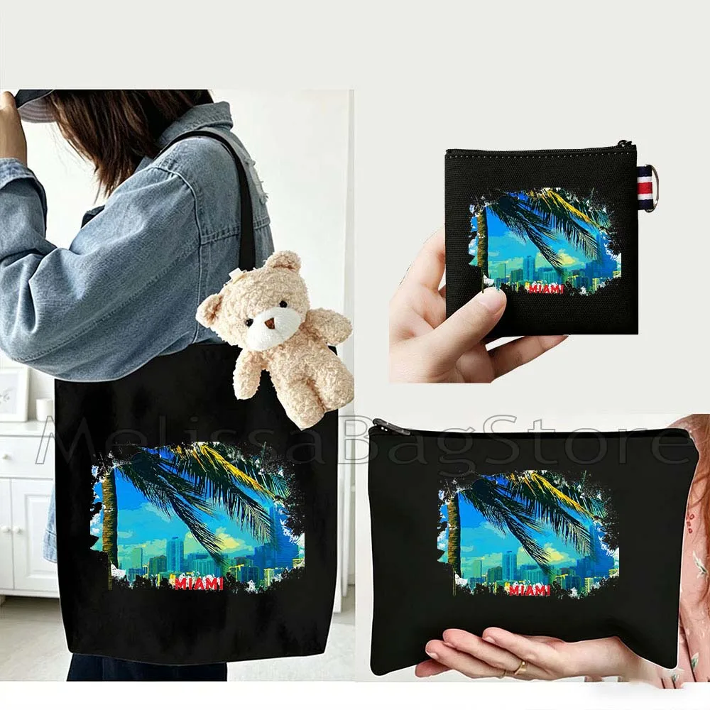 

4PCS Gifts Set Miami Florida White Canvas Tote Bag Handbag with Doll Key Coin Purse Cosmetic Makeup Toilet Bag Case Pouch