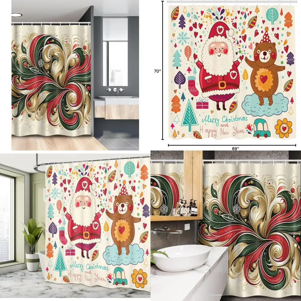 

Рождественская занавеска для душа в викторианском стиле: праздничные изогнутые листья, снежинки и пунктирный дизайн для декора ванной комнаты.