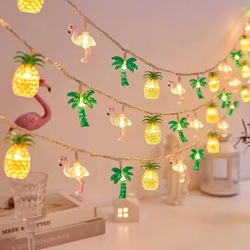 Tropische LED-Lichterkette, Ananas-Flamingo-Palmen-Design, Batteriebetriebene Mehrfarbige Feenlichter für Raum- und Partydekoration