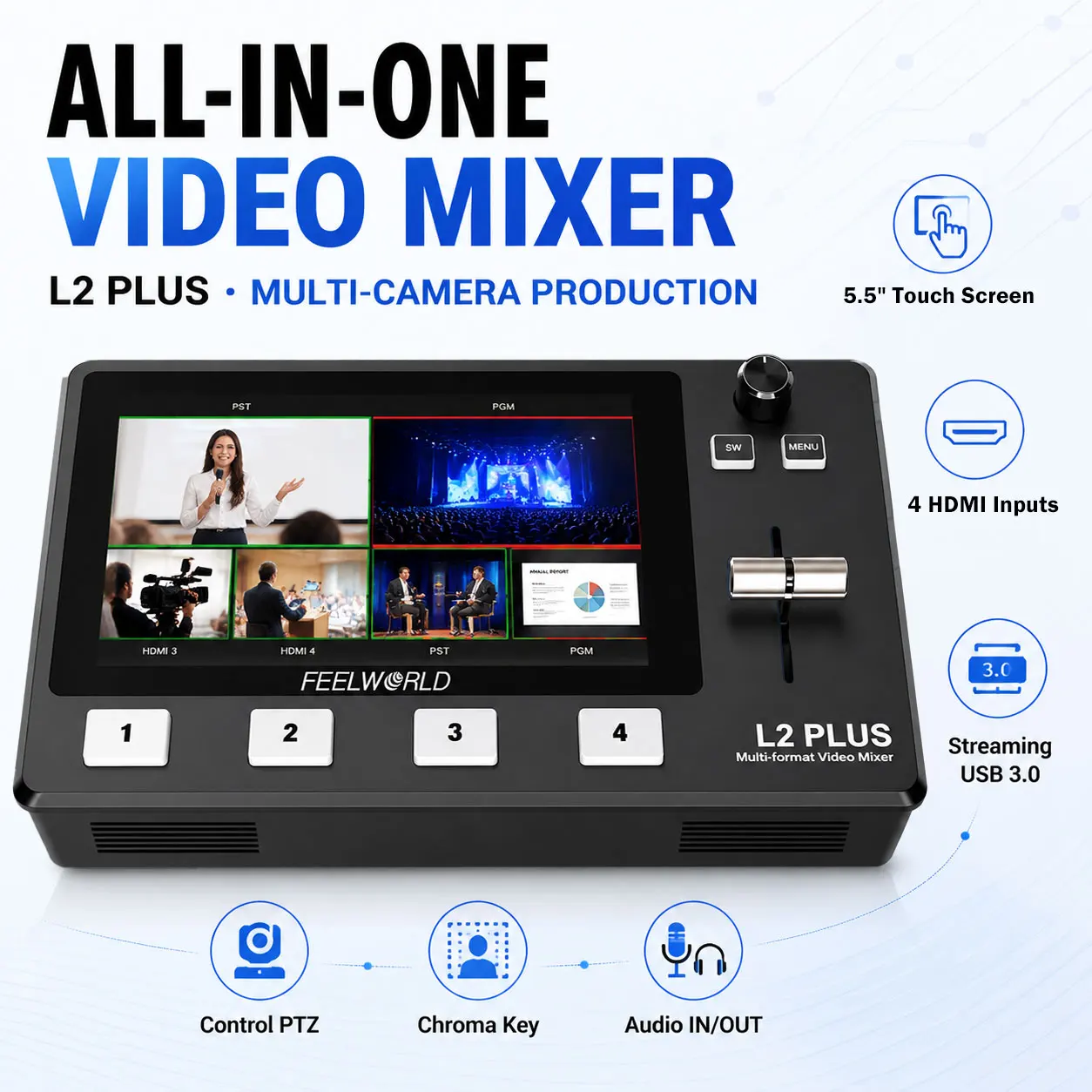FEELWORLD L2 PLUS Multi-Camera Video Mixer Switcher with 5.5 Inch Touch Screen Chroma Key USB3.0 for Live Streaming Wedding