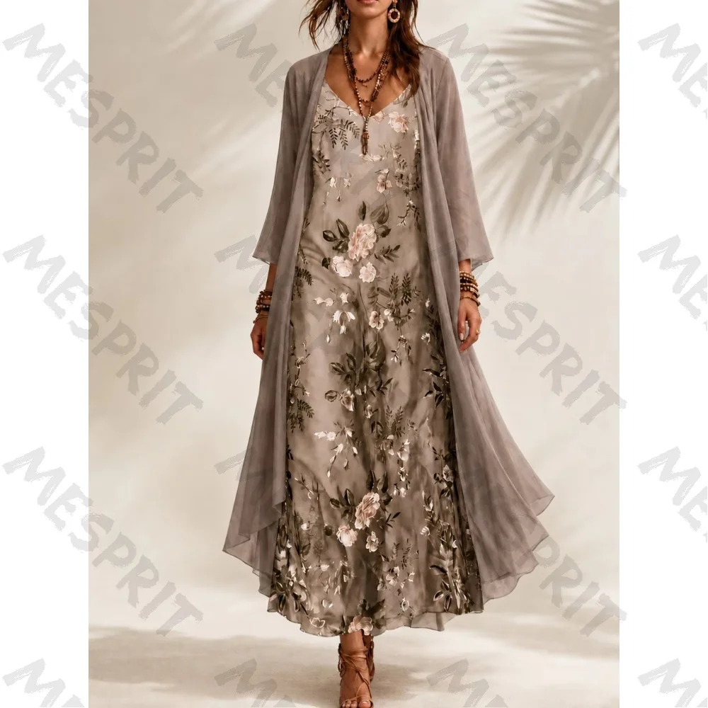 Customized Grey Flower Embroidered Chiffon Evening Gown 2026 Elegant V-neck Detachable Robe A-line Ball Dress Suitable for Beach