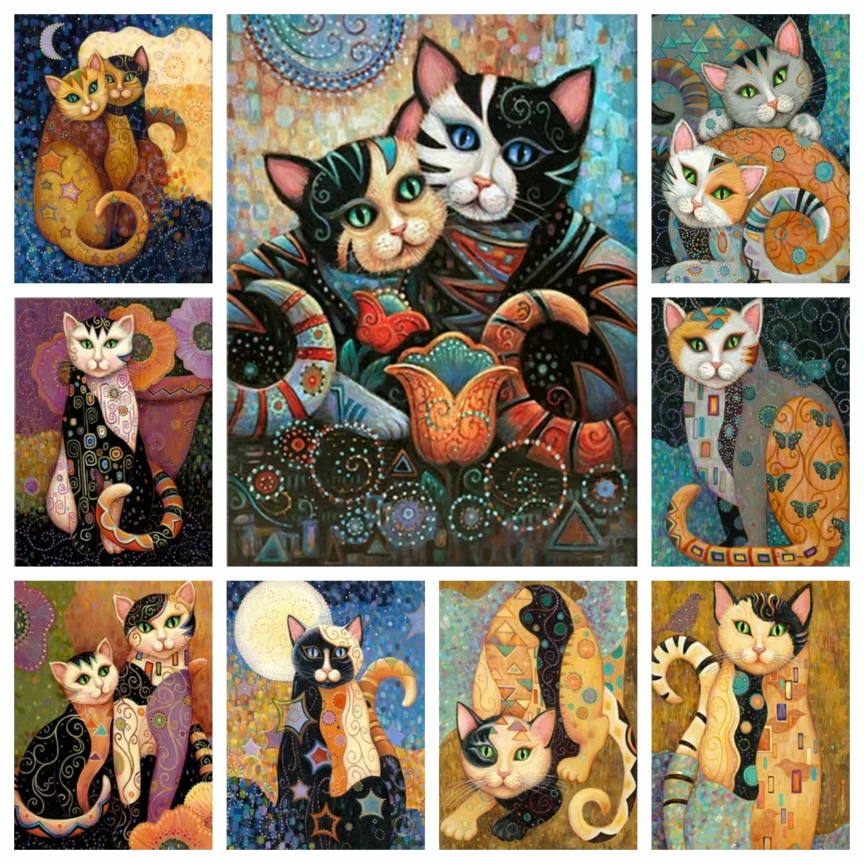 Embroidery Roll Pattern - ภาพวาดเพชร 5D ลายแมวหลากสีสันสไตล์คลิมท์ งานปักเพชร DIY รูปแมวสัตว์เลี้ยง