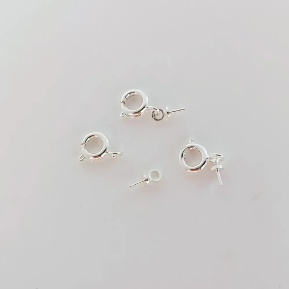 Silver-plated Thick Silver Spring Buckle with Cover, Handcrafted DIY Pearl Necklace Pendant Buckle, Half-hole Bead Buckle