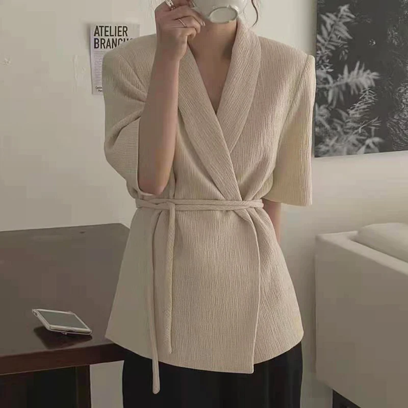 

Chic Simple Sle Loose Waist Slimming Linen ort Sve Suit Jaet Women's Faionable Turn-down Collar Belted Waistcoat