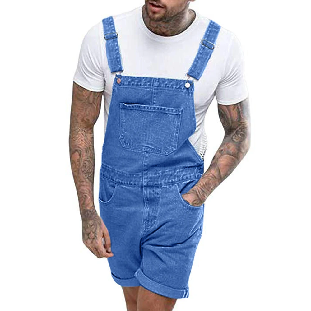 Men\'s Vintage Jeans Overalls Solid Color Elastic Denim Jumpsuit With Pockets Men Summer New Casual Button Suspenders Short Pants