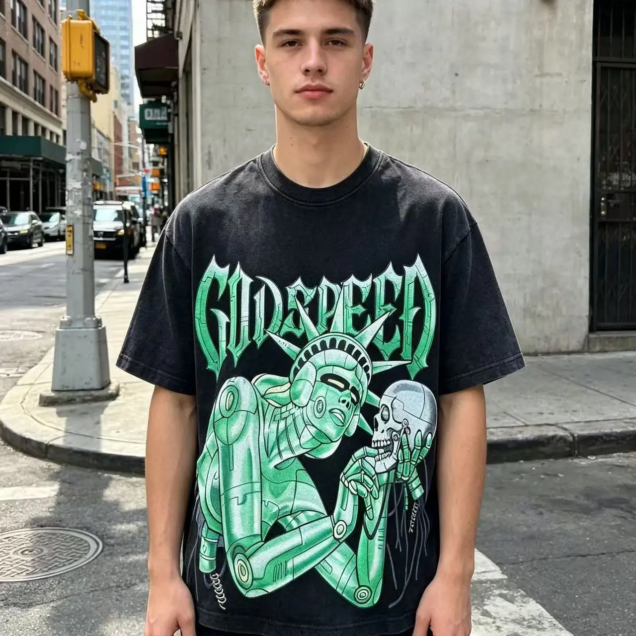 Godspeed American Trendy Robot Print INS Retro Washed Heavyweight Loose Pure Cotton Short Sleeve T-Shirt Youth Popular Street...
