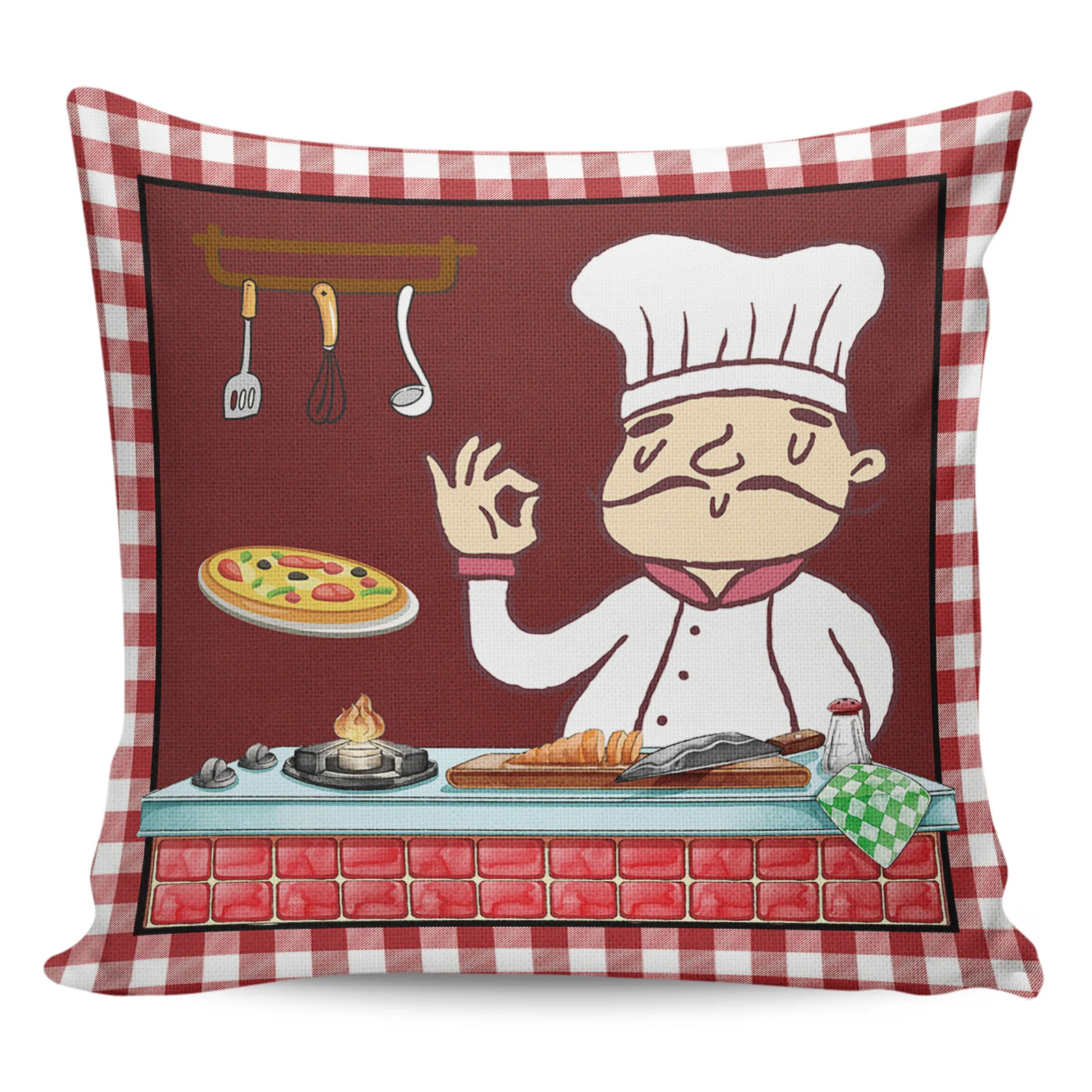 2/4PCS Waterproof Pillow Cover Red Plaid Kitchen Chef Gourmet Square Throw Pillowcase Home Decoration Sofa Cushion Cover