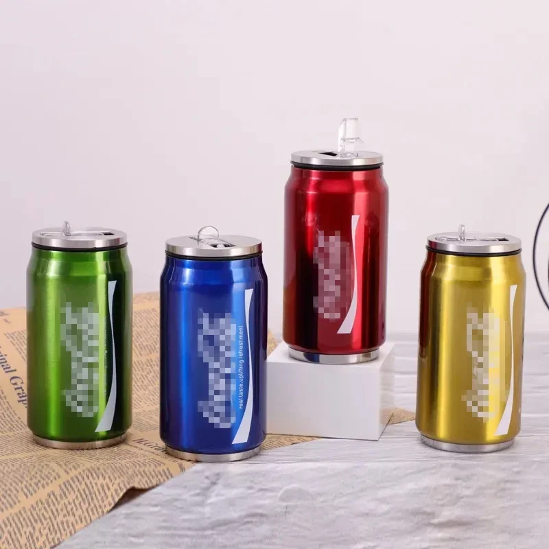 Stainless Steel Cola Thermos Can Water Cup Travel Car Vacuum Flasks Drink Mug Double Layer Straw Cup Soda Can Thermos Cups