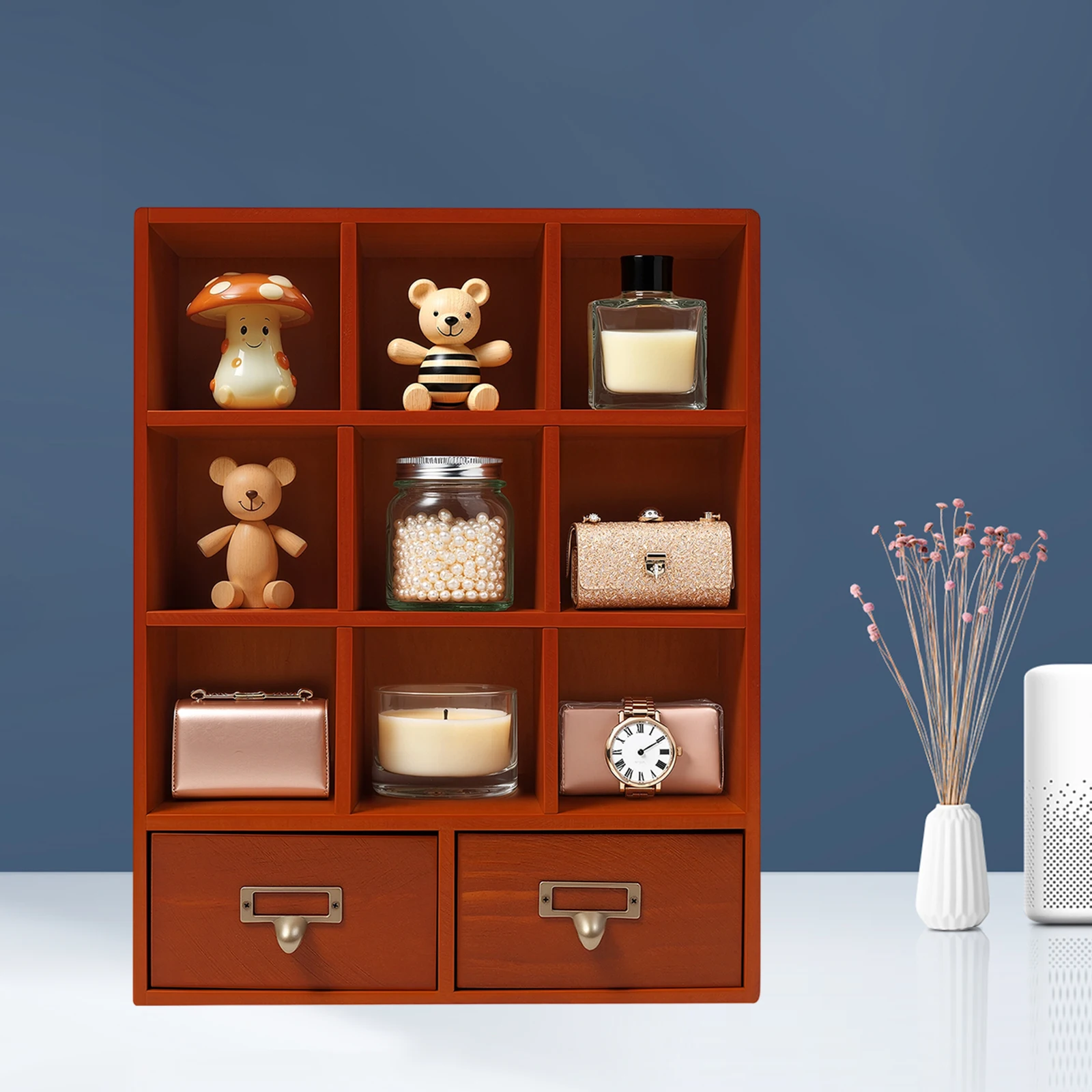 Wooden Storage Divider Box Showcase Display Box Organization Tabletop Box with 9 Compartments and 2 Drawers for Home Storage